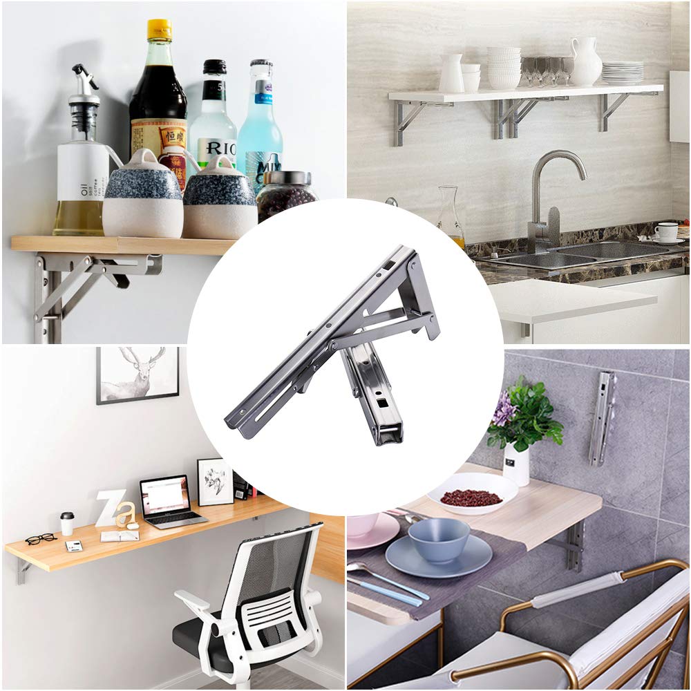 Heavy-Duty Foldable Wall Shelf Brackets - 2-Pack 304 Stainless Steel Triangular Supports with One-Click V1107-CS-ZWJSJZJ20