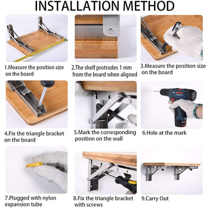 Heavy-Duty Foldable Wall Shelf Brackets - 2-Pack 304 Stainless Steel Triangular Supports with One-Click V1107-CS-ZWJSJZJ8