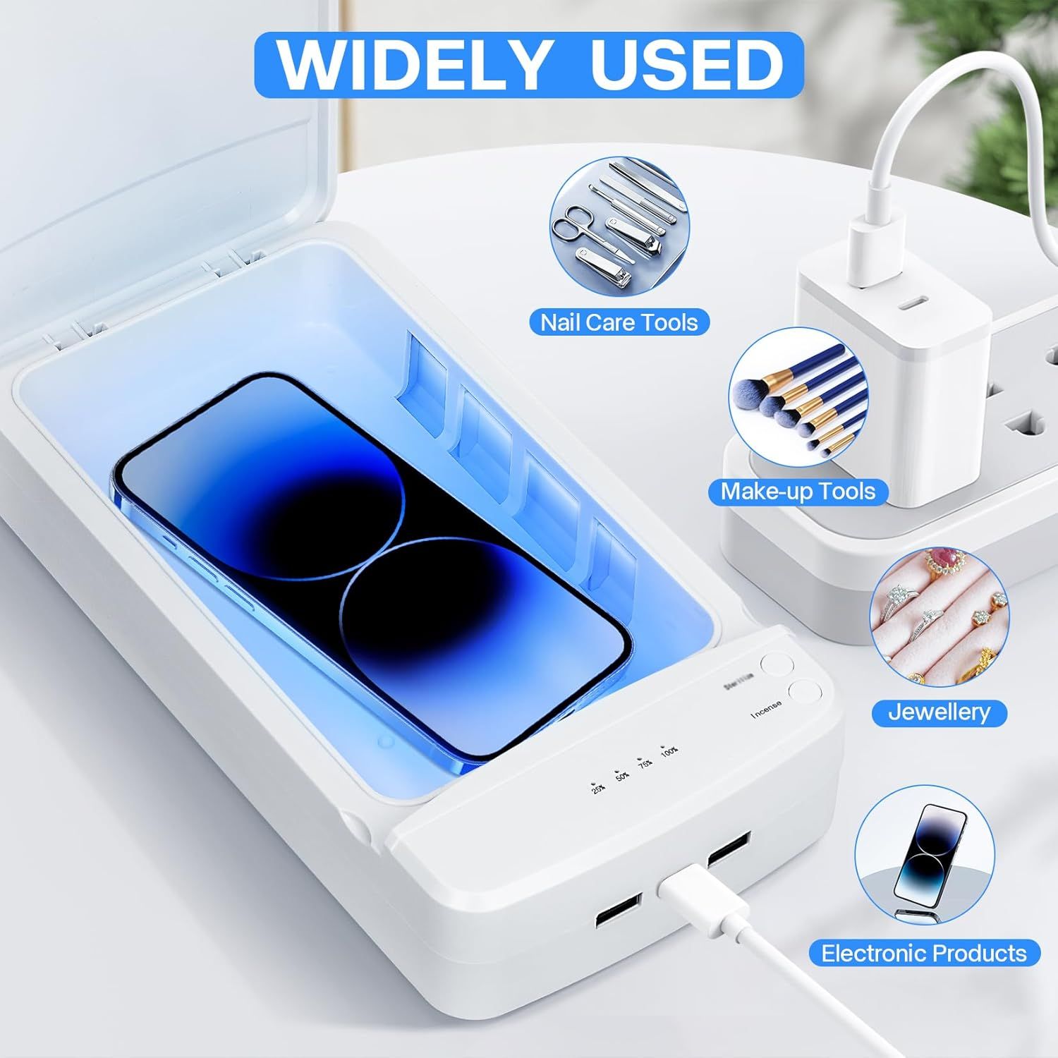 Multi-Function UV Sterilizer Box with Blue LED Light - 99.9% Germ Elimination, Dual Sterilize & Aromatherapy V1107-CS-ZWXSJH