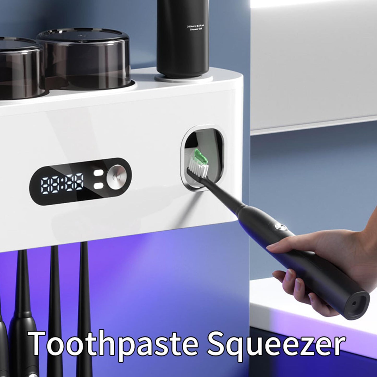 UV Toothbrush Holder with Disinfection & Toothpaste Dispenser - Wall-Mounted Bathroom Organizer with LED V1107-CS-ZWXYSJ