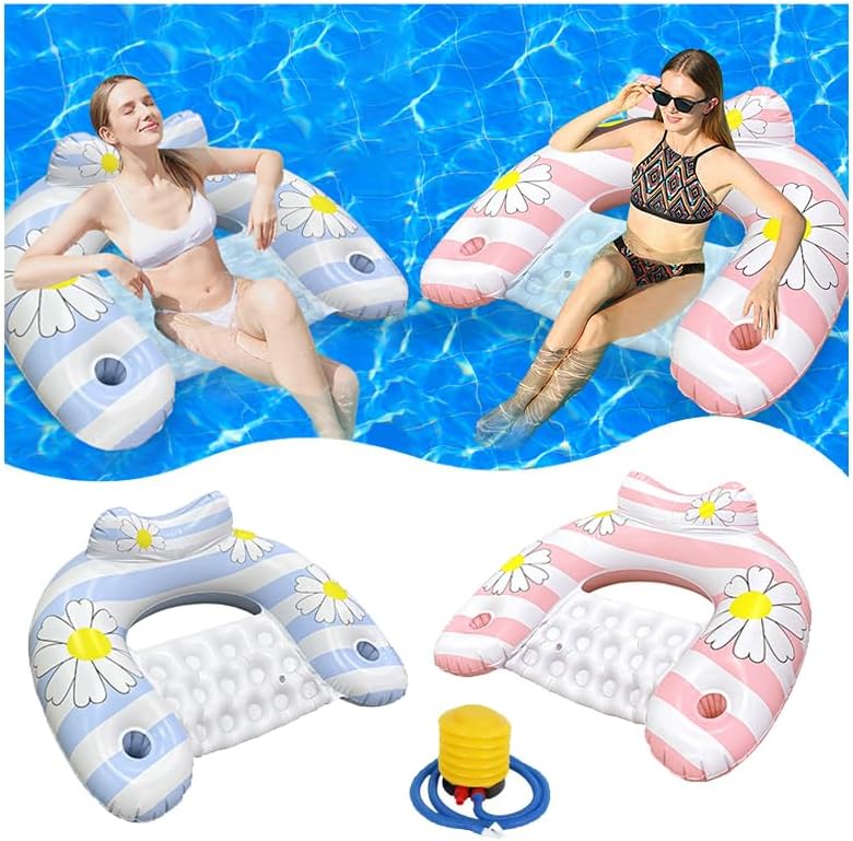 Daisy Inflatable Pool Floats 2-Pack for Adults: U-Shaped Lounge Chairs with Cup Holders, Portable for Pool, V1107-DAISY INFLATABLE POOL FLOATS