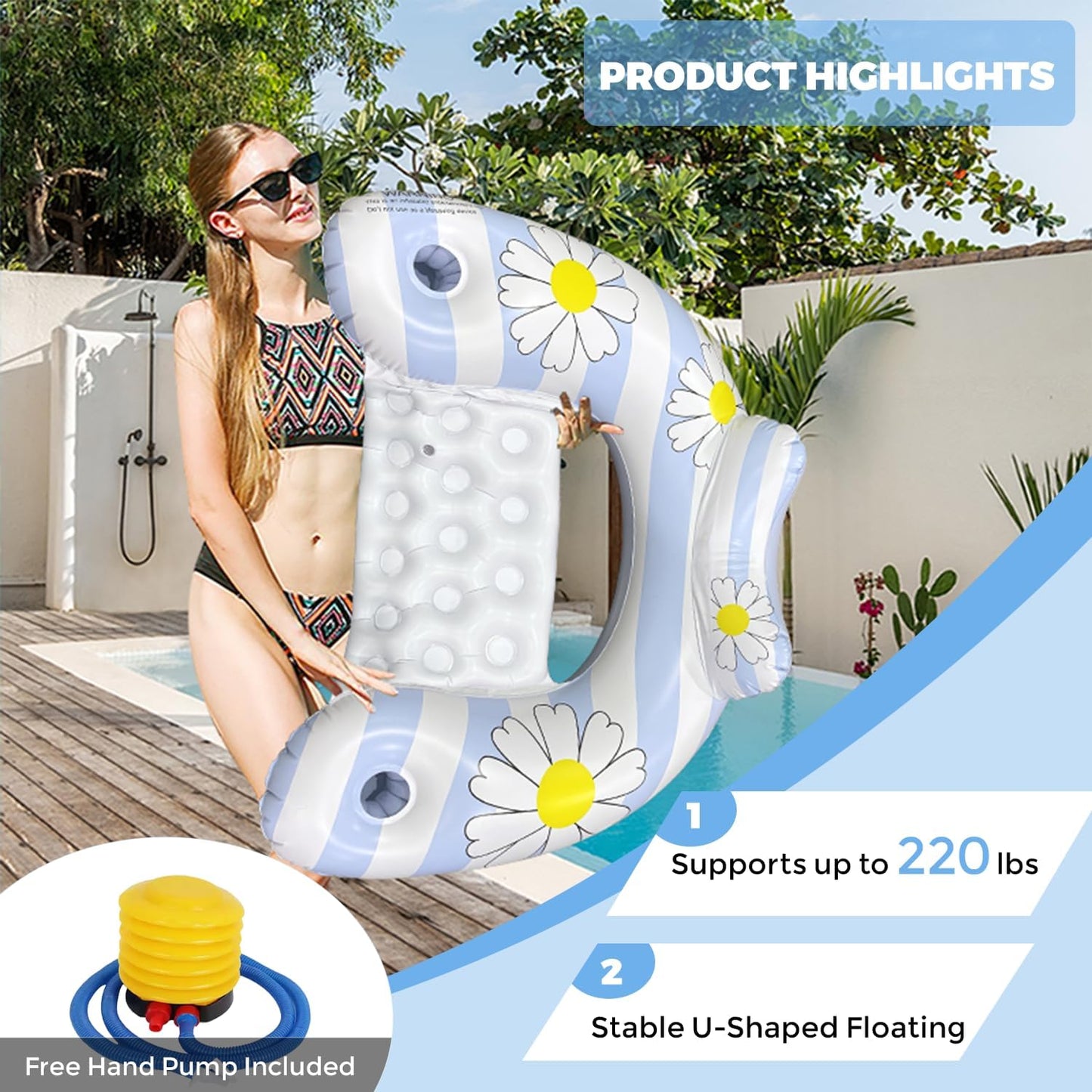 Daisy Inflatable Pool Floats 2-Pack for Adults: U-Shaped Lounge Chairs with Cup Holders, Portable for Pool, V1107-DAISY INFLATABLE POOL FLOATS
