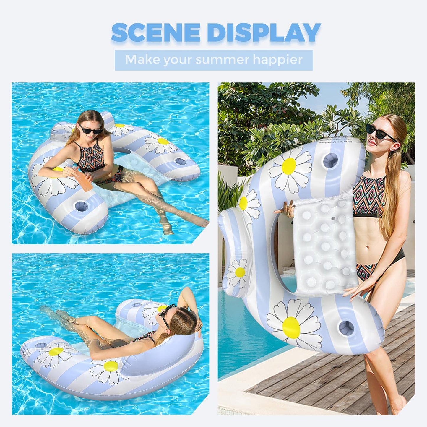 Daisy Inflatable Pool Floats 2-Pack for Adults: U-Shaped Lounge Chairs with Cup Holders, Portable for Pool, V1107-DAISY INFLATABLE POOL FLOATS