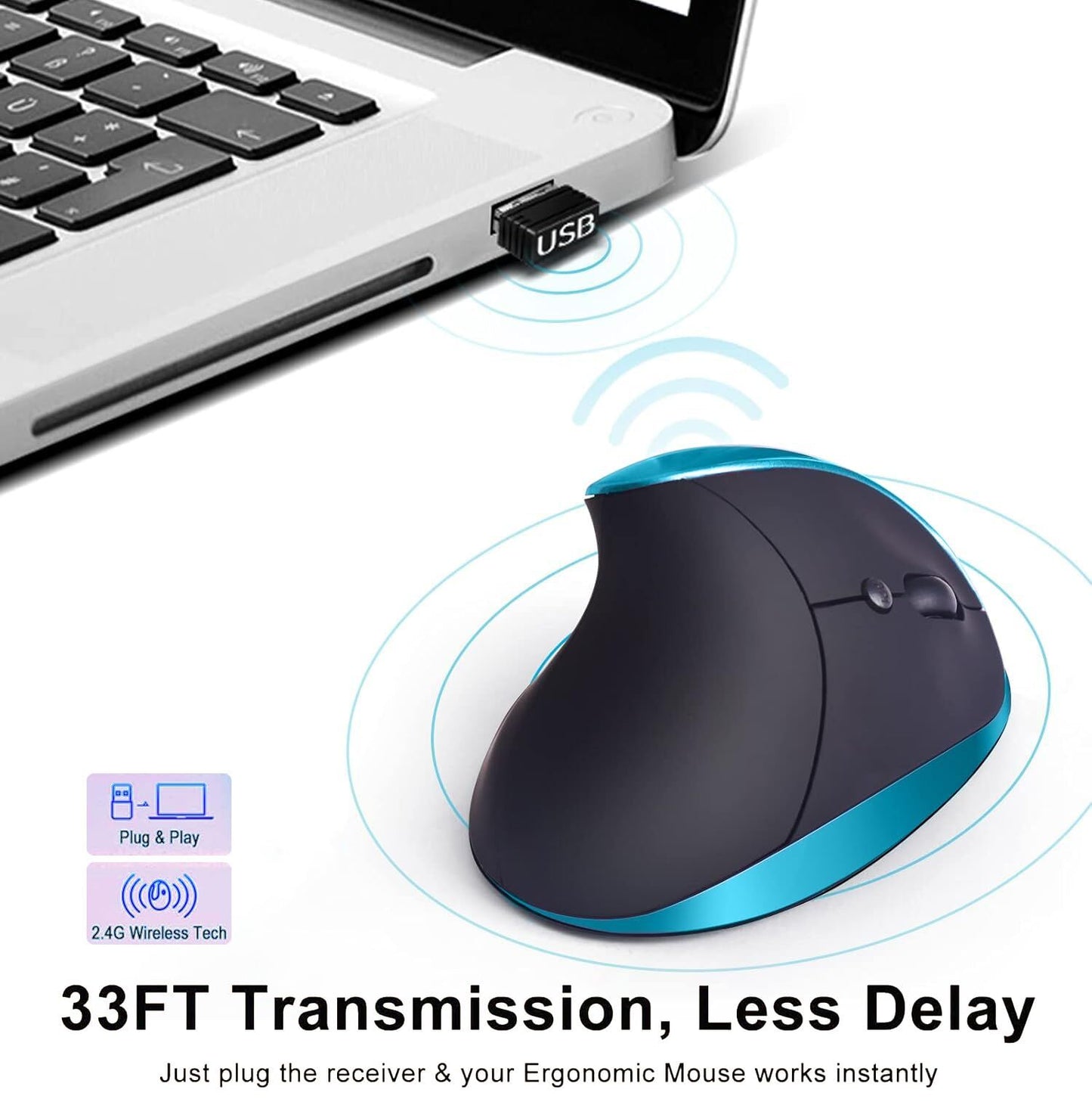 Blue Ergonomic Wireless Vertical Mouse (Small Hand-Friendly): USB-C Rechargeable, 2.4G 3-DPI, Reduce Wrist V1107-ERGONOMIC WIRELESS VERTICAL MOUSE