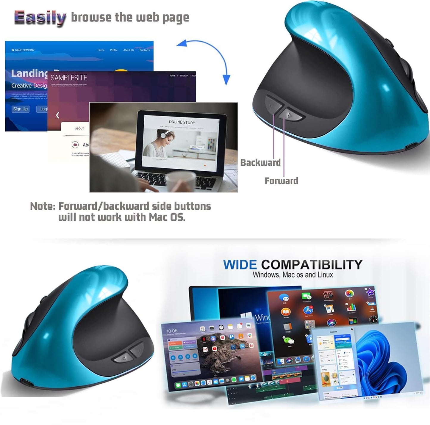 Blue Ergonomic Wireless Vertical Mouse (Small Hand-Friendly): USB-C Rechargeable, 2.4G 3-DPI, Reduce Wrist V1107-ERGONOMIC WIRELESS VERTICAL MOUSE