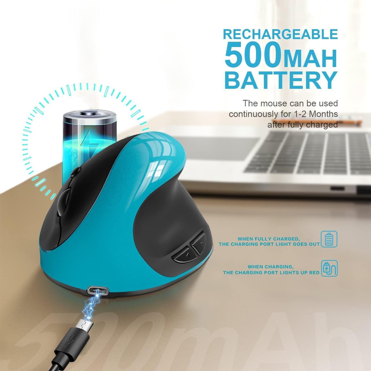 Blue Ergonomic Wireless Vertical Mouse (Small Hand-Friendly): USB-C Rechargeable, 2.4G 3-DPI, Reduce Wrist V1107-ERGONOMIC WIRELESS VERTICAL MOUSE