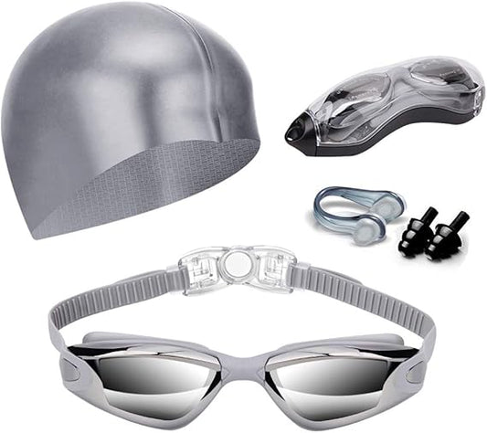 Gray Swim Goggles Set with Cap, Nose Clip, Earplugs & Case: Anti-Fog UV Protection for Men & Women V1107-GRAY SWIM GOGGLES SET