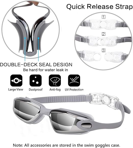 Gray Swim Goggles Set with Cap, Nose Clip, Earplugs & Case: Anti-Fog UV Protection for Men & Women V1107-GRAY SWIM GOGGLES SET