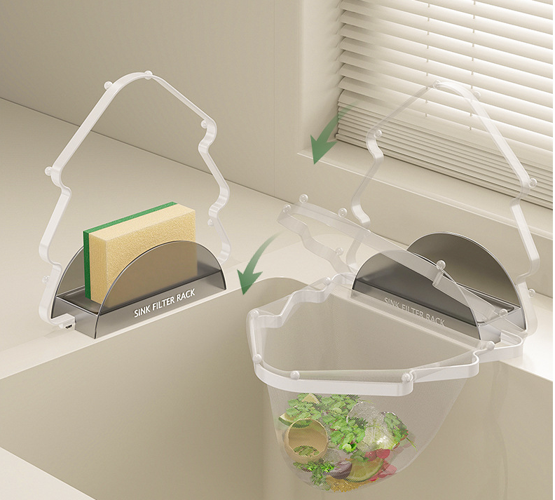 Kitchen Sink Filter Rack with 100 12cm*15cm Mesh Bags, Foldable Food Waste Strainer, Multi-functional Drain V1107-KITCHEN SINK FILTER RACK-WHITE