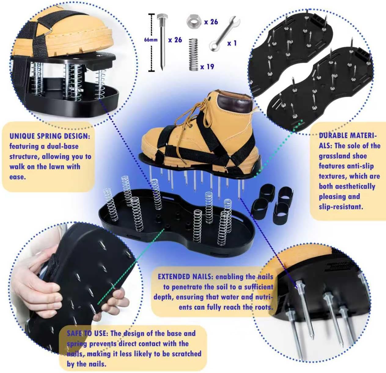 Lawn Aerator Shoes with Spring Base & Spikes: Adjustable Strap, Double-Layer Design for Healthy Lawns in V1107-LAWN AERATOR SHOES