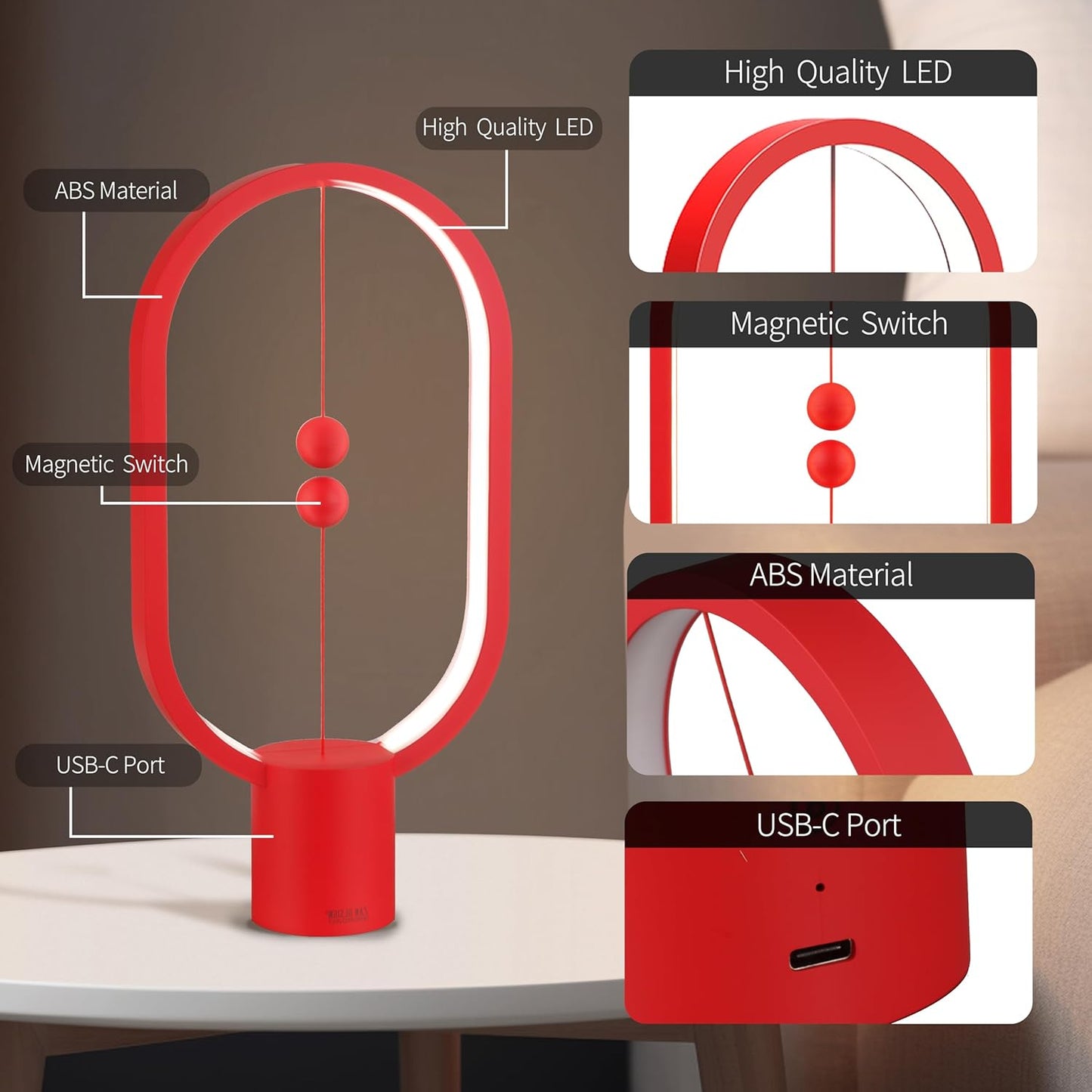 Red Magnetic Balance LED Table Lamp: USB-Powered, Dimmable Eye-Care Light with Award-Winning Design for V1107-MAGNETIC BALANCE LED TABLE LAMP1
