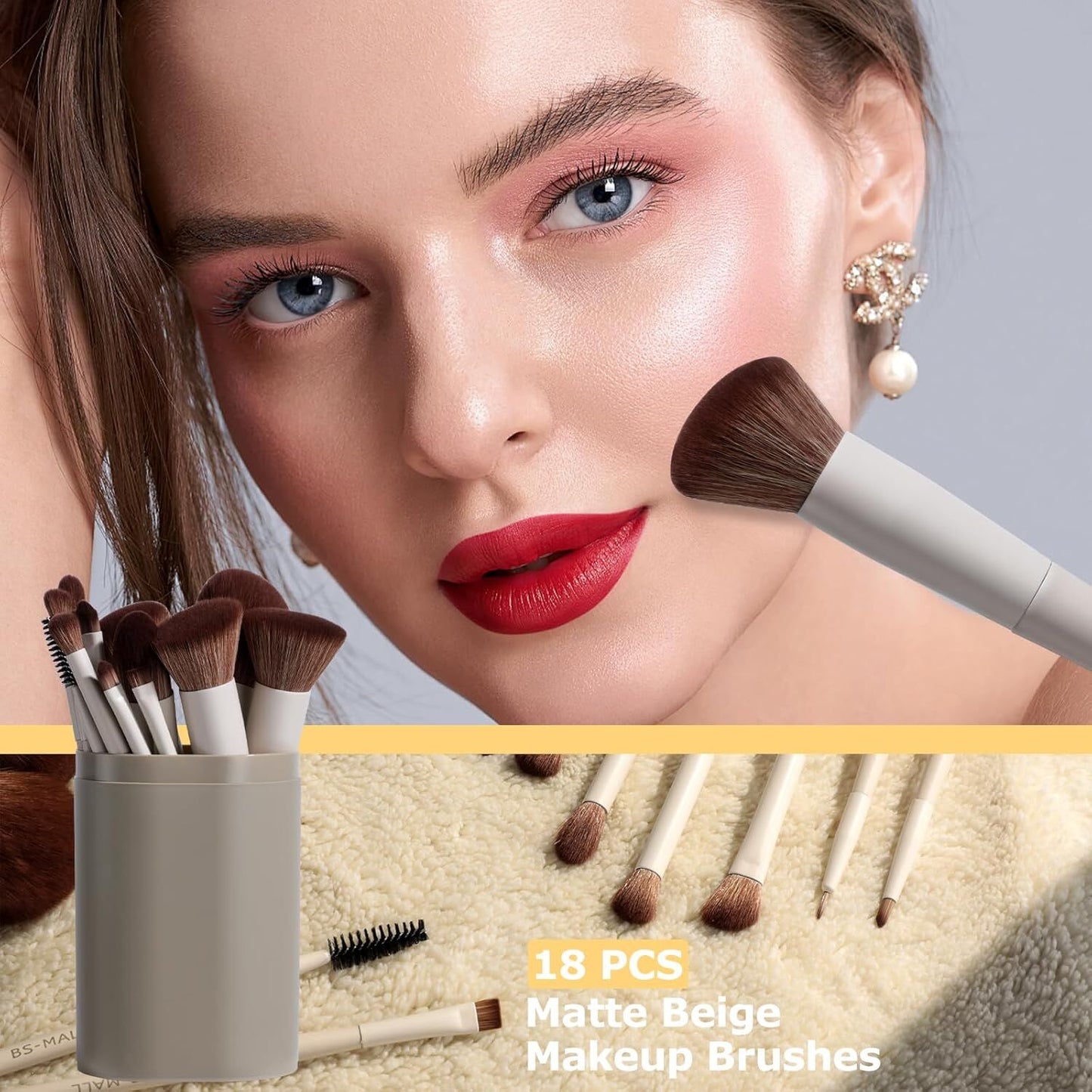 Matte Beige Makeup Brush Set (18-Piece): Professional, Cruelty-Free for Foundation, Blush & Eyeshadow, Ideal V1107-MATTE BEIGE MAKEUP BRUSH SET