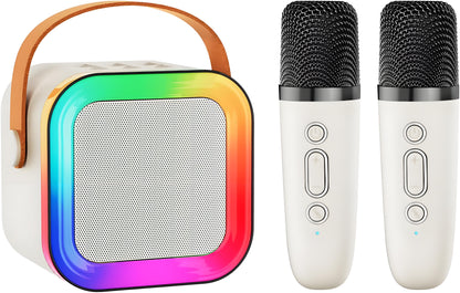 Off-White Mini Karaoke Machine with 2 Wireless Microphones: Portable Bluetooth Speaker for Kids & Adults, V1107-MINI KARAOKE MACHINE WITH 2 WIRELESS MICROPHONES