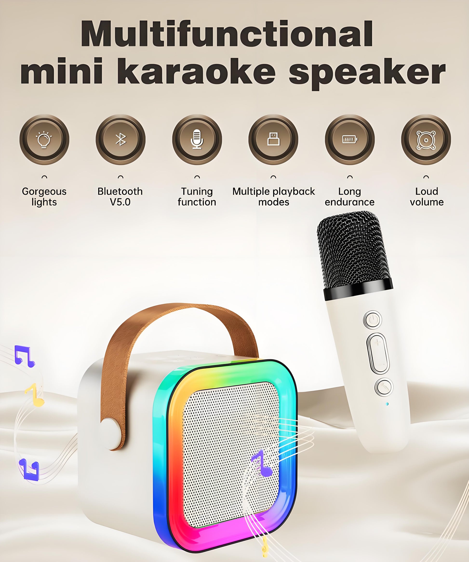 Off-White Mini Karaoke Machine with 2 Wireless Microphones: Portable Bluetooth Speaker for Kids & Adults, V1107-MINI KARAOKE MACHINE WITH 2 WIRELESS MICROPHONES