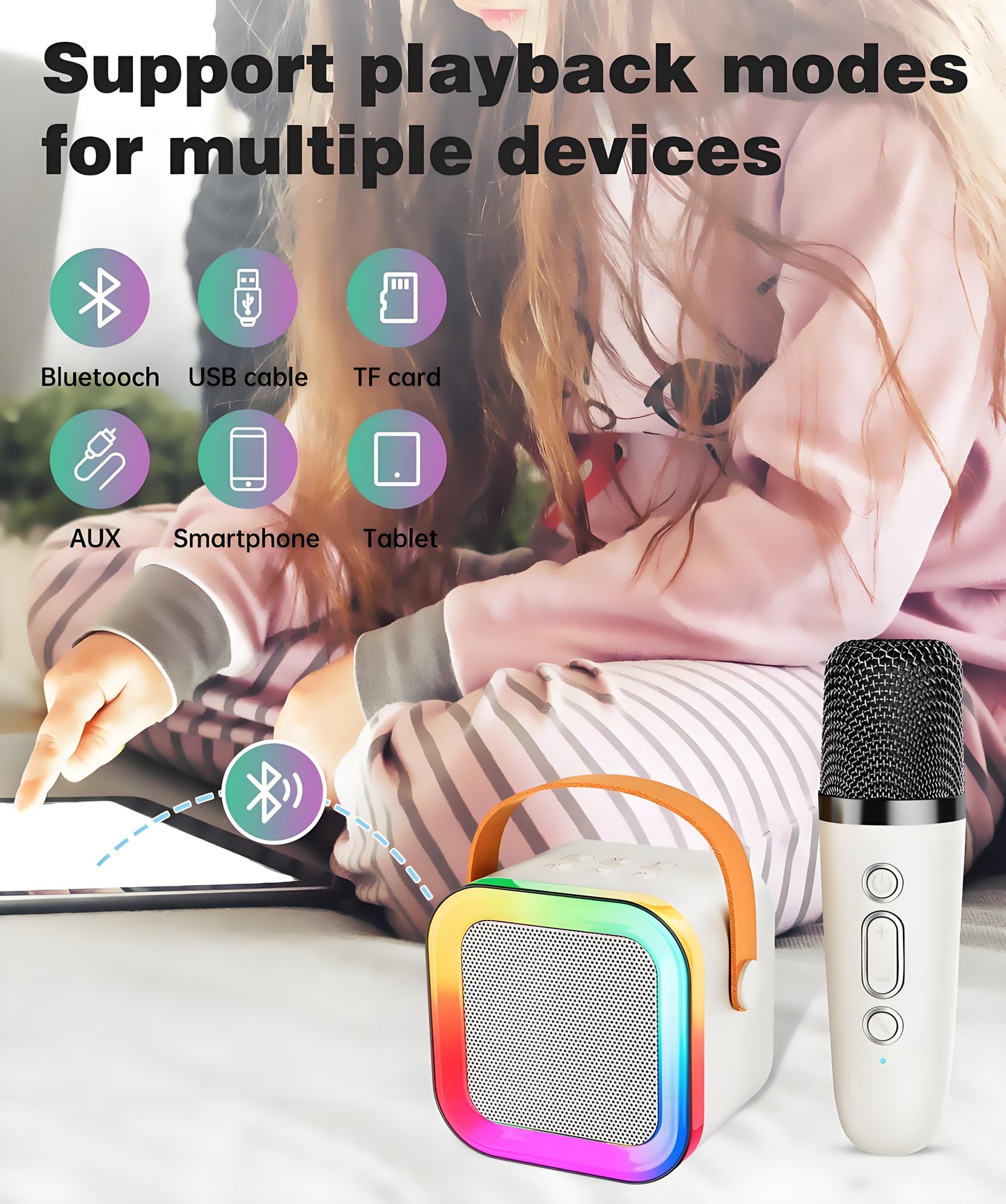 Off-White Mini Karaoke Machine with 2 Wireless Microphones: Portable Bluetooth Speaker for Kids & Adults, V1107-MINI KARAOKE MACHINE WITH 2 WIRELESS MICROPHONES
