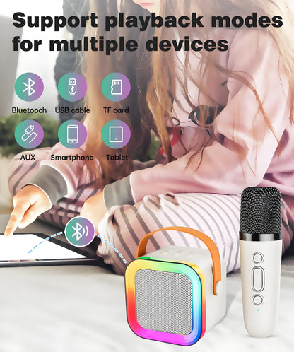 Off-White Mini Karaoke Machine with 2 Wireless Microphones: Portable Bluetooth Speaker for Kids & Adults, V1107-MINI KARAOKE MACHINE WITH 2 WIRELESS MICROPHONES