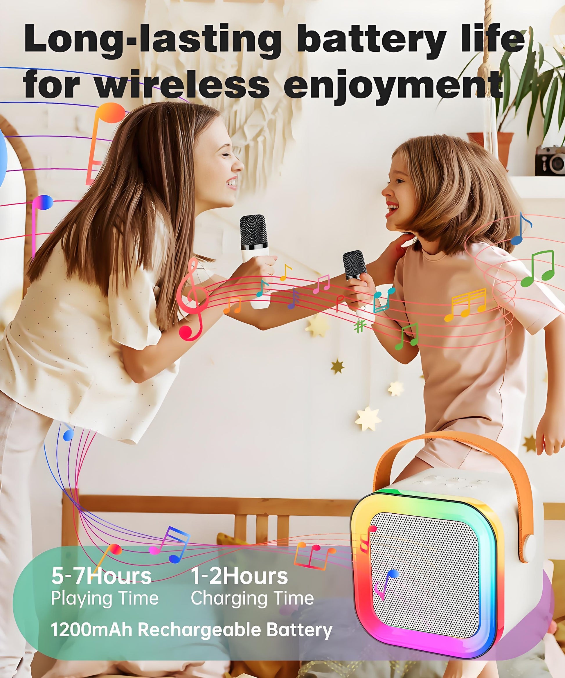 Off-White Mini Karaoke Machine with 2 Wireless Microphones: Portable Bluetooth Speaker for Kids & Adults, V1107-MINI KARAOKE MACHINE WITH 2 WIRELESS MICROPHONES