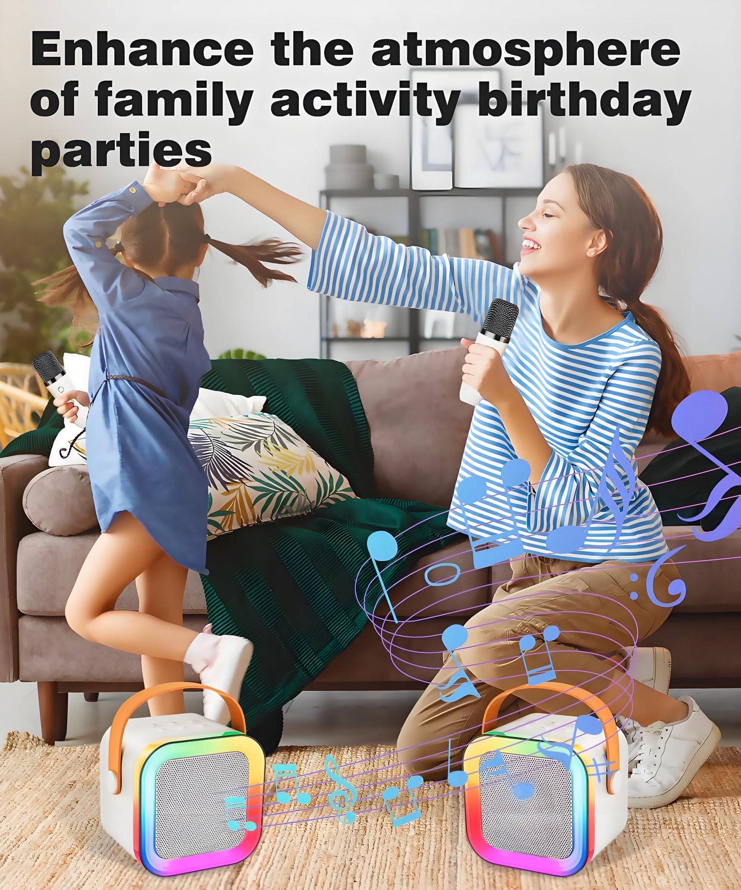Off-White Mini Karaoke Machine with 2 Wireless Microphones: Portable Bluetooth Speaker for Kids & Adults, V1107-MINI KARAOKE MACHINE WITH 2 WIRELESS MICROPHONES