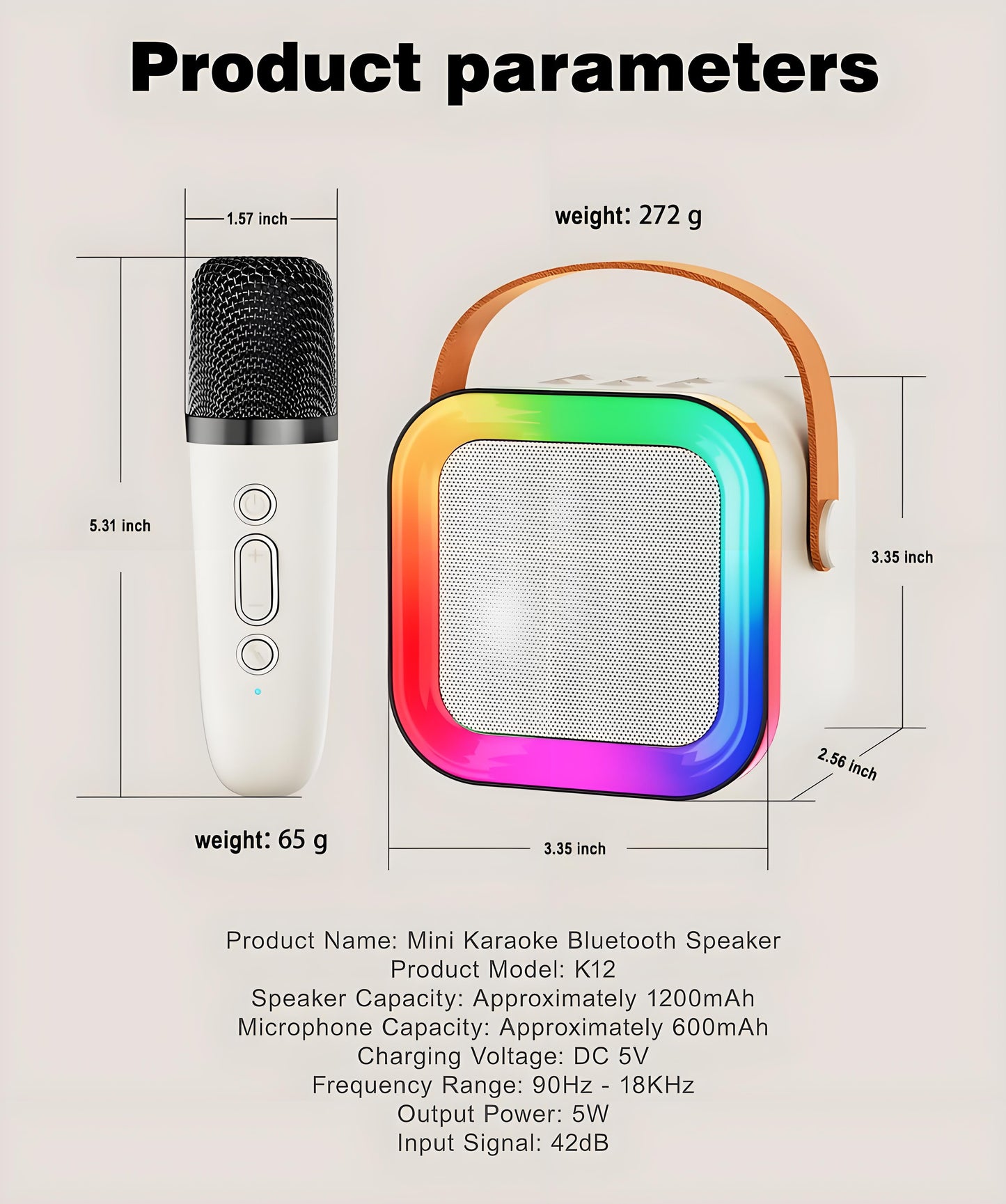 Off-White Mini Karaoke Machine with 2 Wireless Microphones: Portable Bluetooth Speaker for Kids & Adults, V1107-MINI KARAOKE MACHINE WITH 2 WIRELESS MICROPHONES