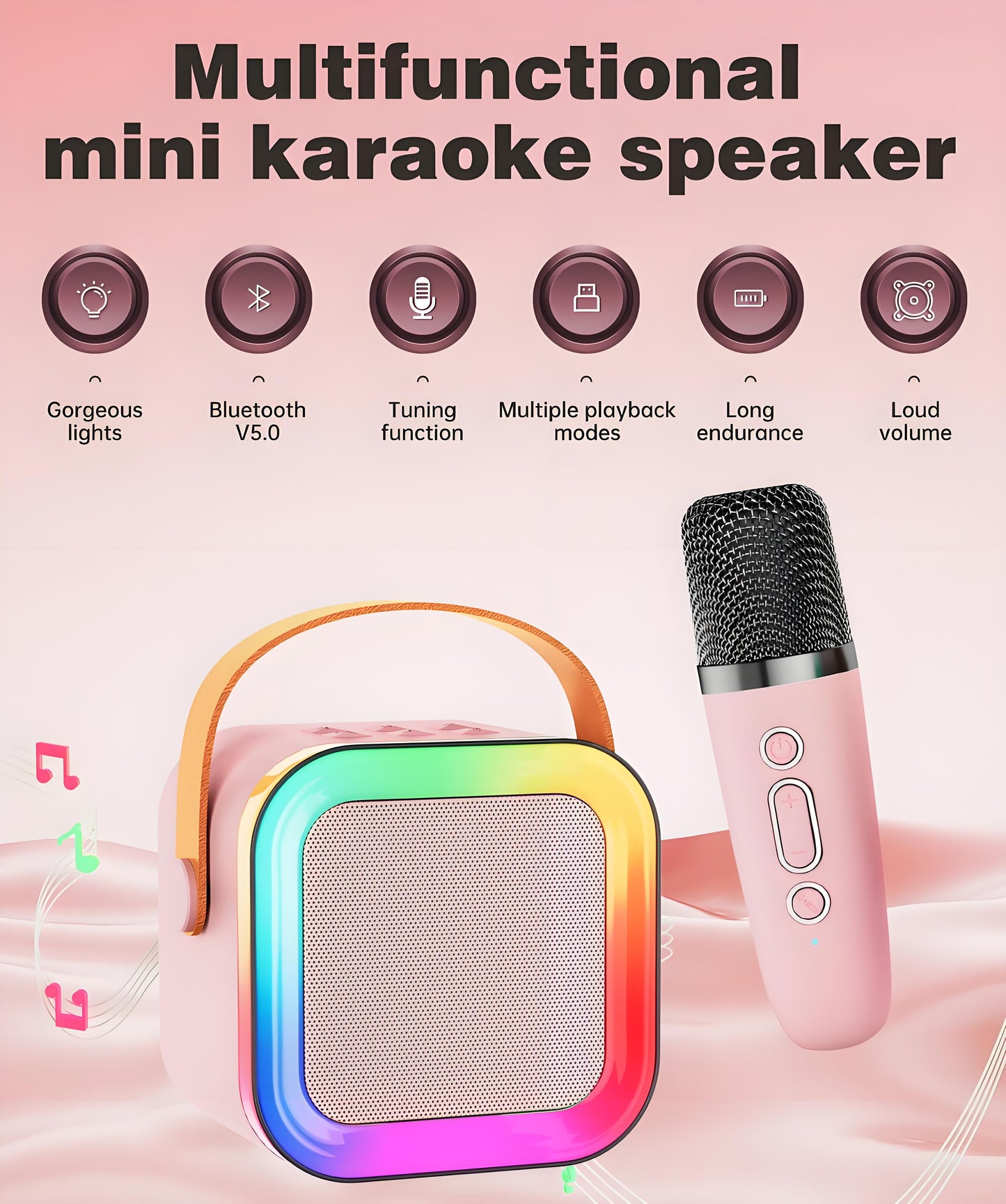 Pink Mini Karaoke Machine with 2 Wireless Microphones: Portable Bluetooth Speaker for Kids & Adults, Ideal V1107-MINI KARAOKE MACHINE WITH 2 WIRELESS MICROPHONES1