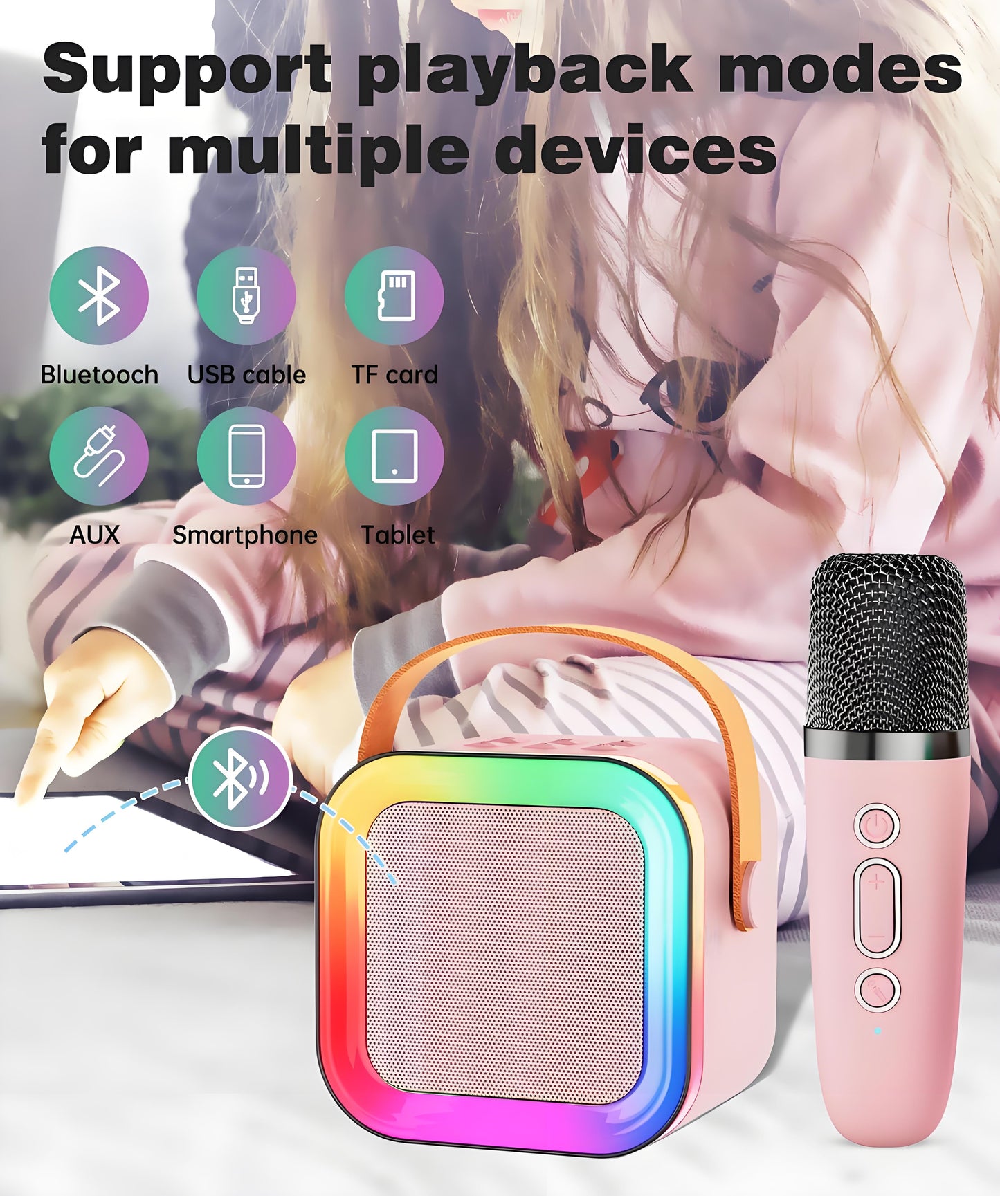Pink Mini Karaoke Machine with 2 Wireless Microphones: Portable Bluetooth Speaker for Kids & Adults, Ideal V1107-MINI KARAOKE MACHINE WITH 2 WIRELESS MICROPHONES1