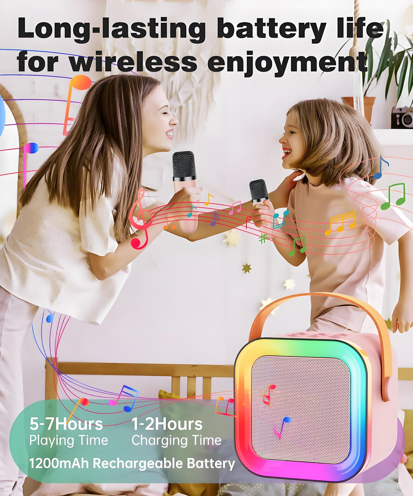 Pink Mini Karaoke Machine with 2 Wireless Microphones: Portable Bluetooth Speaker for Kids & Adults, Ideal V1107-MINI KARAOKE MACHINE WITH 2 WIRELESS MICROPHONES1
