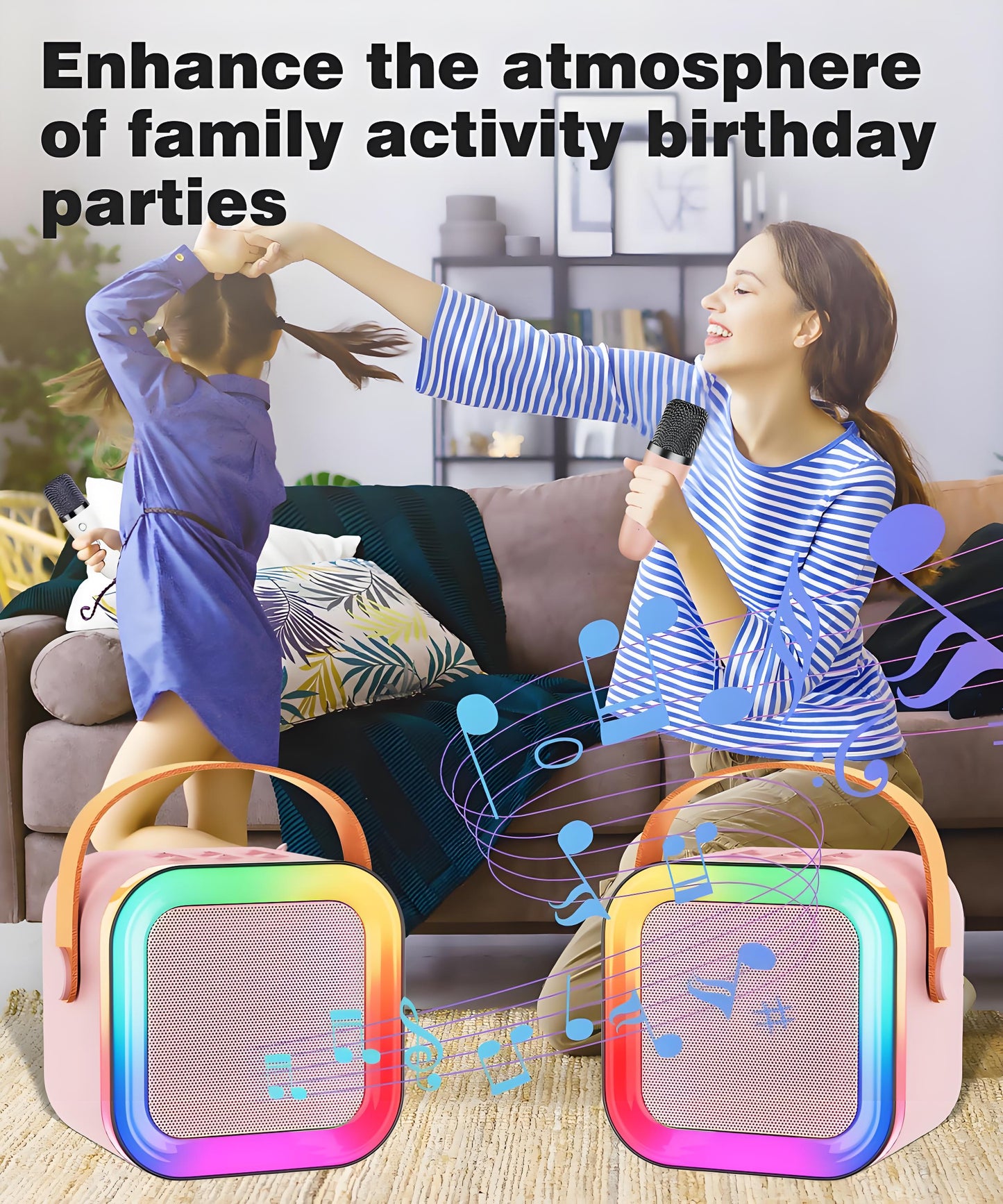Pink Mini Karaoke Machine with 2 Wireless Microphones: Portable Bluetooth Speaker for Kids & Adults, Ideal V1107-MINI KARAOKE MACHINE WITH 2 WIRELESS MICROPHONES1