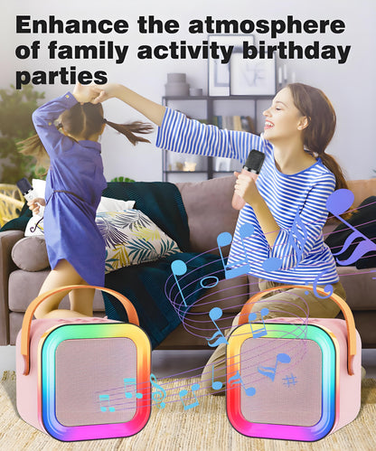 Pink Mini Karaoke Machine with 2 Wireless Microphones: Portable Bluetooth Speaker for Kids & Adults, Ideal V1107-MINI KARAOKE MACHINE WITH 2 WIRELESS MICROPHONES1