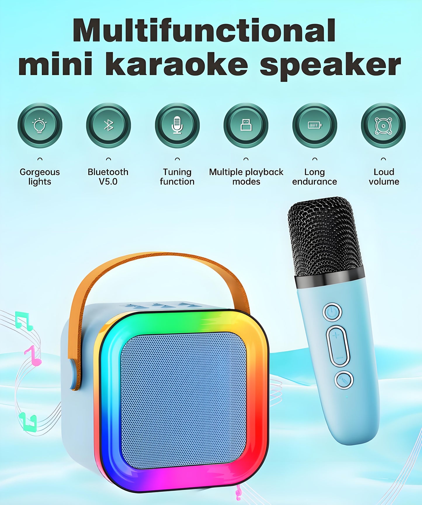 Black Mini Karaoke Machine with 2 Wireless Microphones: Portable Bluetooth Speaker for Kids & Adults, Ideal V1107-MINI KARAOKE MACHINE WITH 2 WIRELESS MICROPHONES2