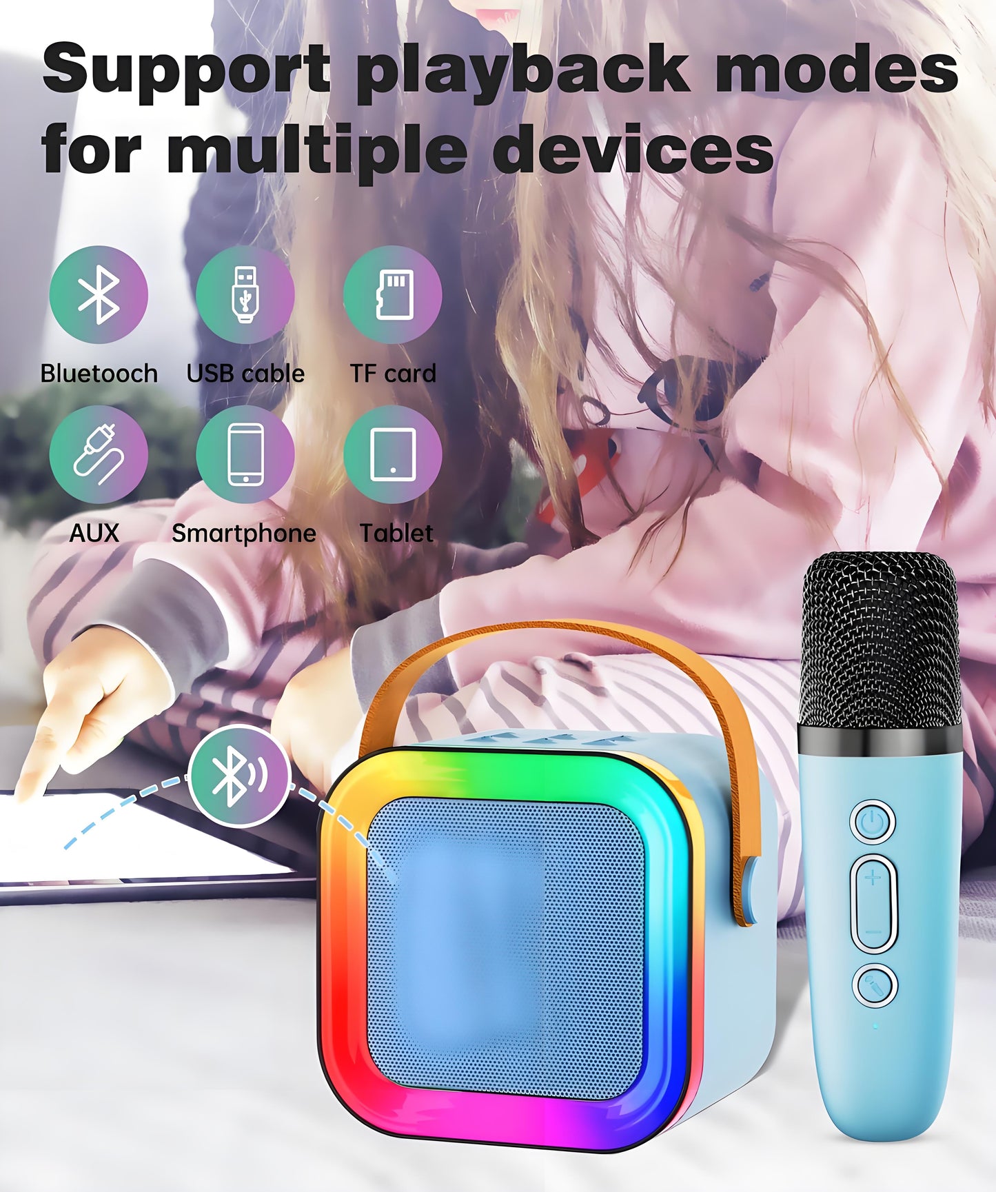 Black Mini Karaoke Machine with 2 Wireless Microphones: Portable Bluetooth Speaker for Kids & Adults, Ideal V1107-MINI KARAOKE MACHINE WITH 2 WIRELESS MICROPHONES2