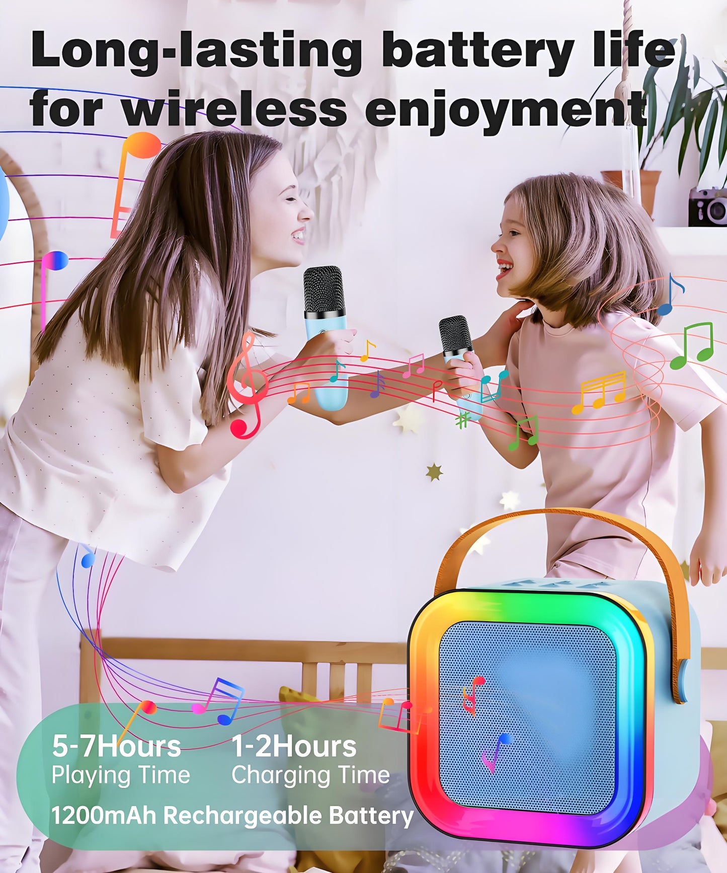 Black Mini Karaoke Machine with 2 Wireless Microphones: Portable Bluetooth Speaker for Kids & Adults, Ideal V1107-MINI KARAOKE MACHINE WITH 2 WIRELESS MICROPHONES2