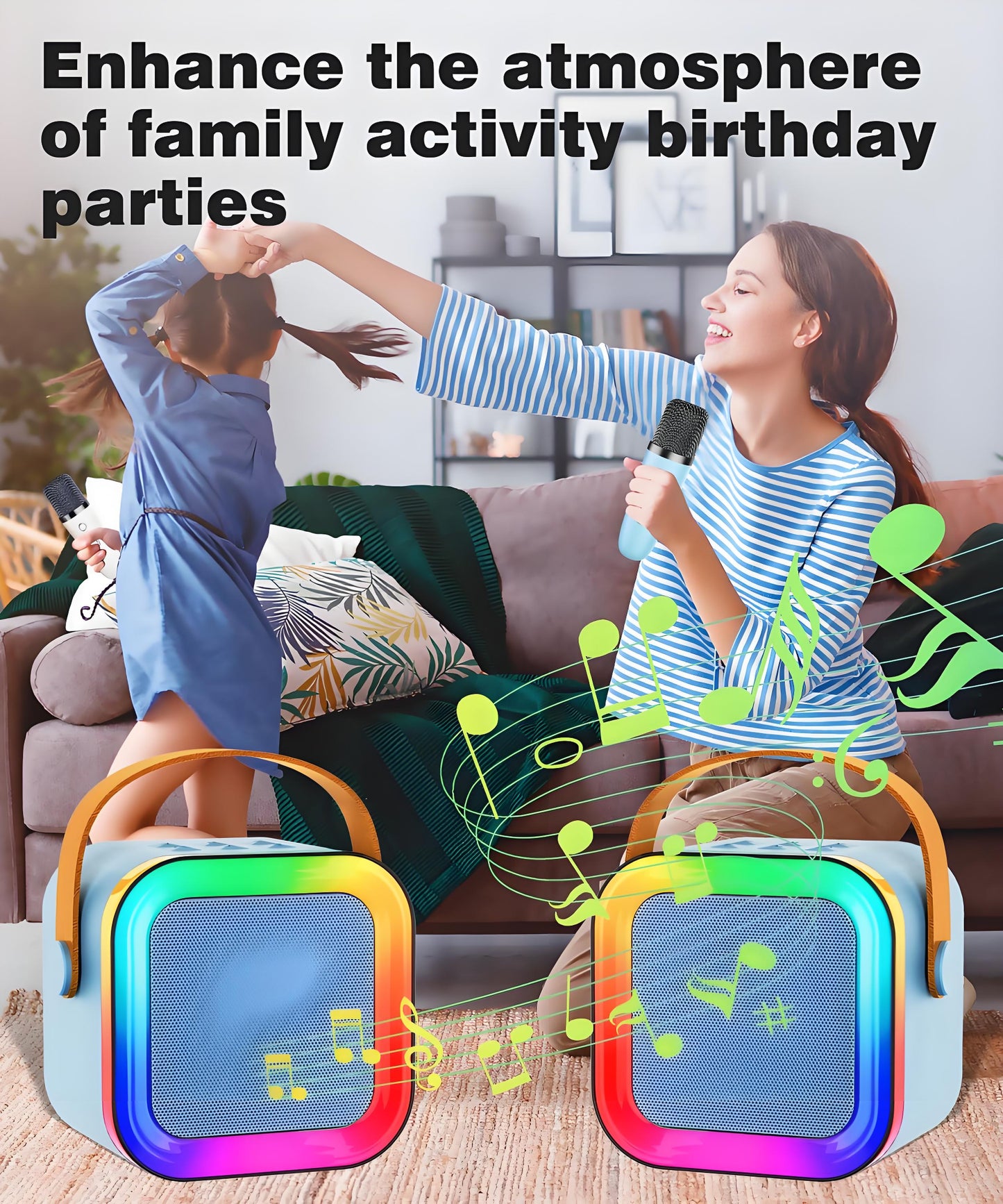 Black Mini Karaoke Machine with 2 Wireless Microphones: Portable Bluetooth Speaker for Kids & Adults, Ideal V1107-MINI KARAOKE MACHINE WITH 2 WIRELESS MICROPHONES2