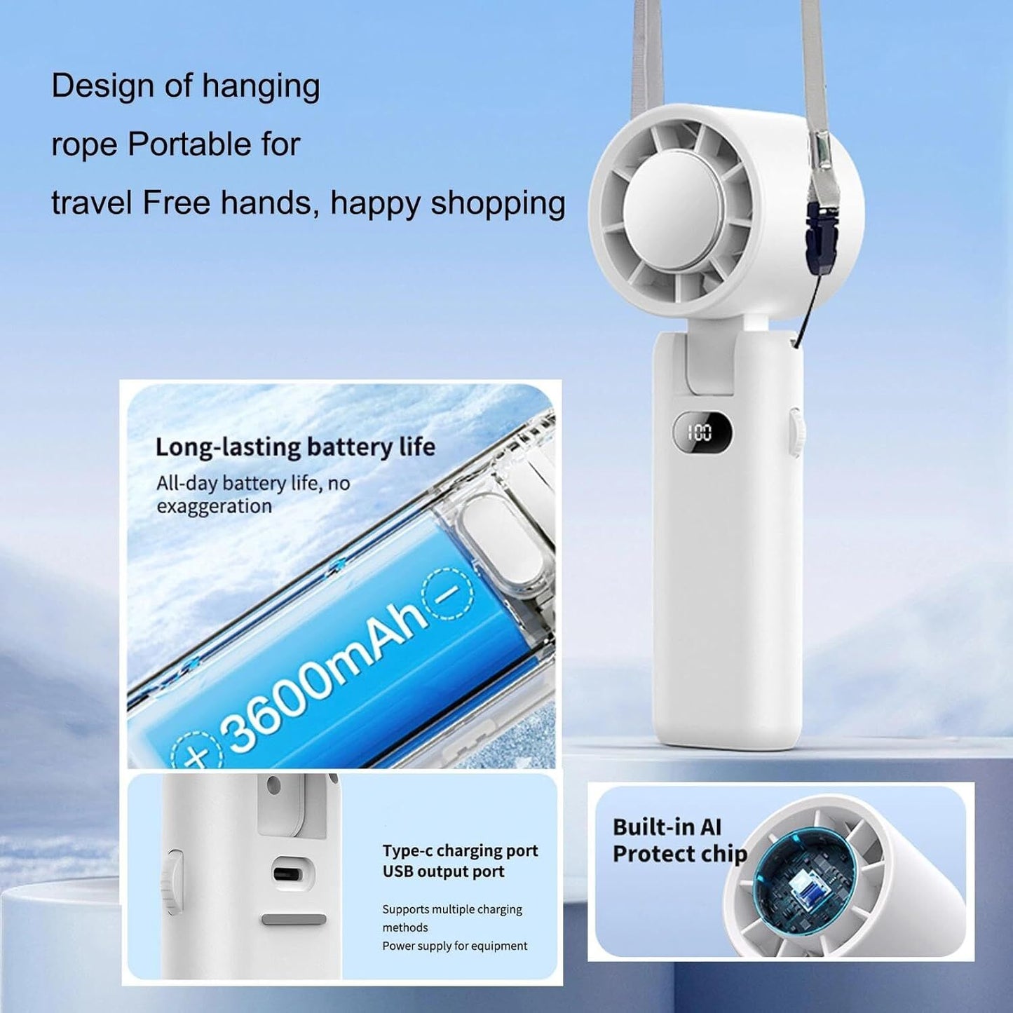 Portable Handheld Turbo Fan with Cooling Tech, Digital Display, 100-Speed Control, Rechargeable 4-in-1 V1107-PORTABLE FAN