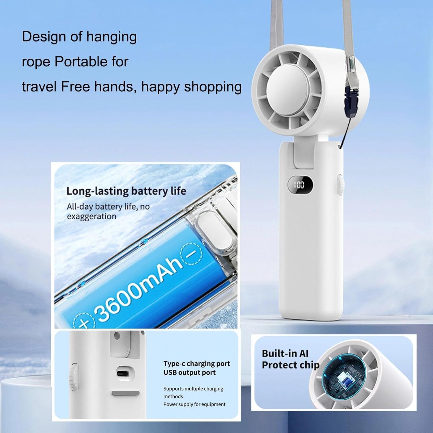Portable Handheld Turbo Fan with Cooling Tech, Digital Display, 100-Speed Control, Rechargeable 4-in-1 V1107-PORTABLE FAN