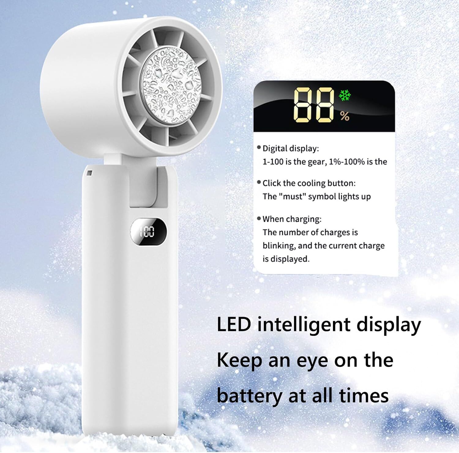 Portable Handheld Turbo Fan with Cooling Tech, Digital Display, 100-Speed Control, Rechargeable 4-in-1 V1107-PORTABLE FAN