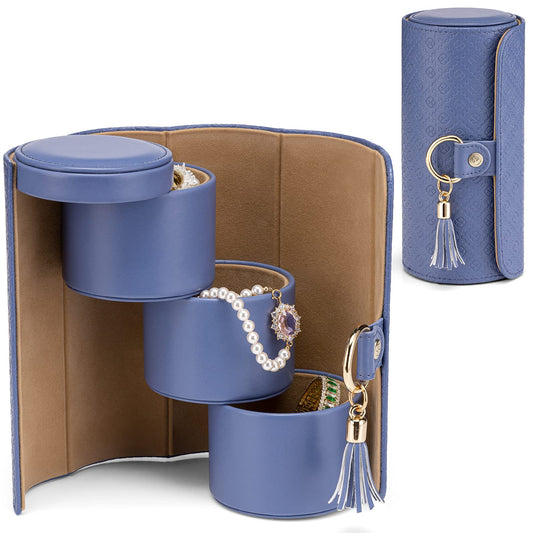 Purple Travel Jewelry Case: 3-Layer PU Cylinder Organizer for Necklaces, Earrings, Gifts for Travelers & V1107-PURPLE TRAVEL JEWELRY CASE