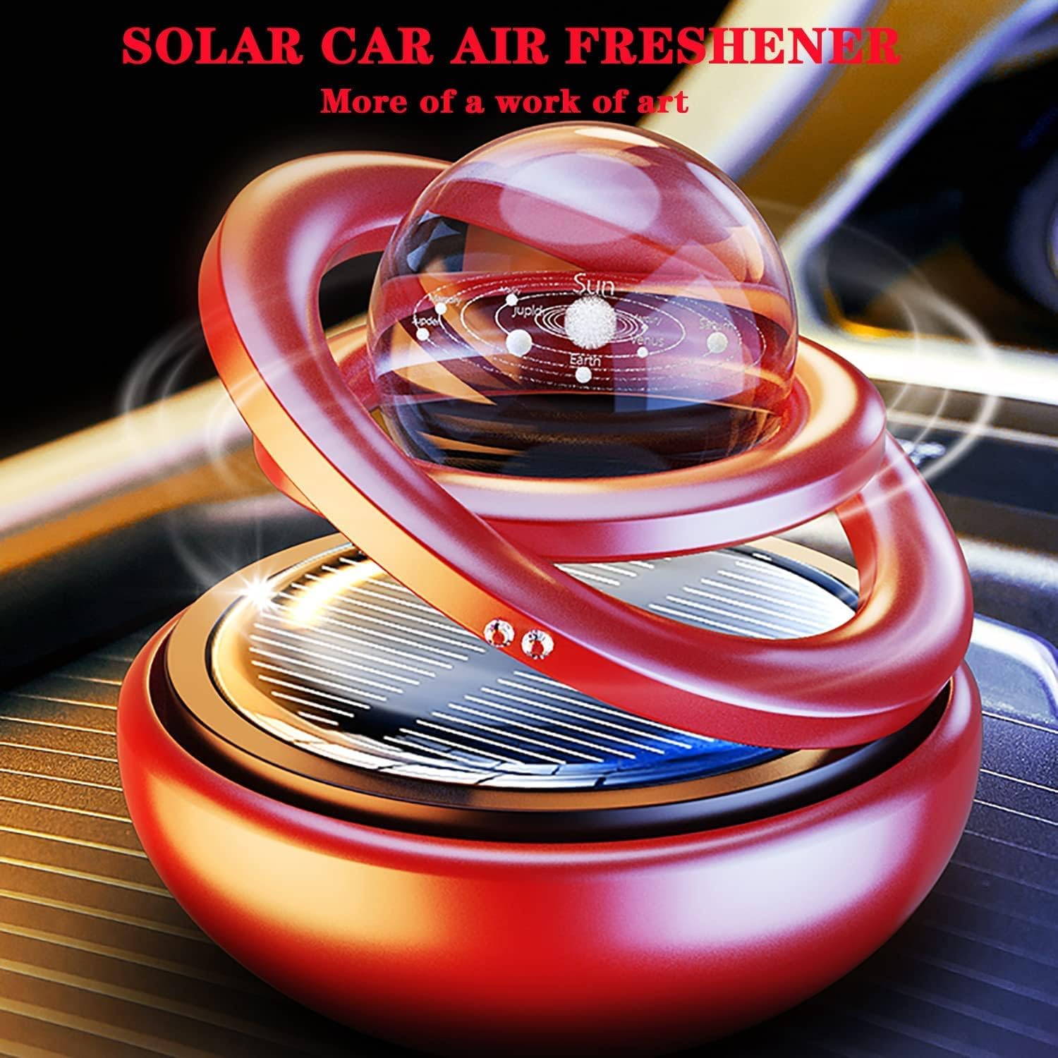 Red Solar-Powered Rotating Car Air Freshener: Space-Themed Dashboard Decor with Ocean Scent & 16 Cologne Pads V1107-RED SOLAR-POWERED ROTATING CAR AIR FRESHENER