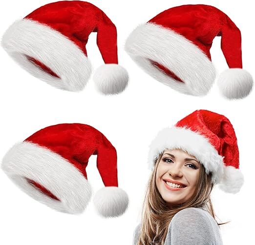 3Pack Christmas Santa Hats for Adults - Extra Thicken Velvet Santa Claus Hats for Women Men Fluffy Plush Xmas V1107-SDZC001-3