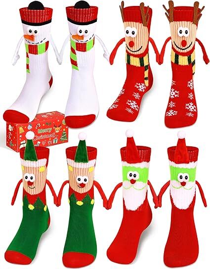 4 Pairs Christmas Socks, Crazy Holiday Hand Holding Socks Funny Christmas Stocking Stuffers V1107-SDZC004