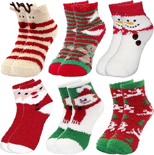 Christmas Socks - 6 Pairs Cozy Warm Fluffy Plush Bed Socks for Women, Girls - Cute Coral Fleece Xmas Indoor V1107-SDZC005