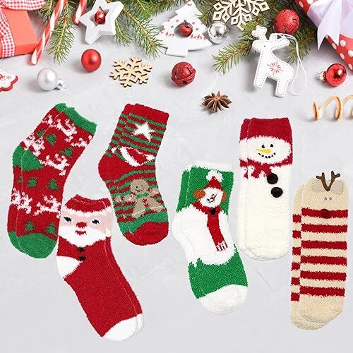 Christmas Socks - 6 Pairs Cozy Warm Fluffy Plush Bed Socks for Women, Girls - Cute Coral Fleece Xmas Indoor V1107-SDZC005