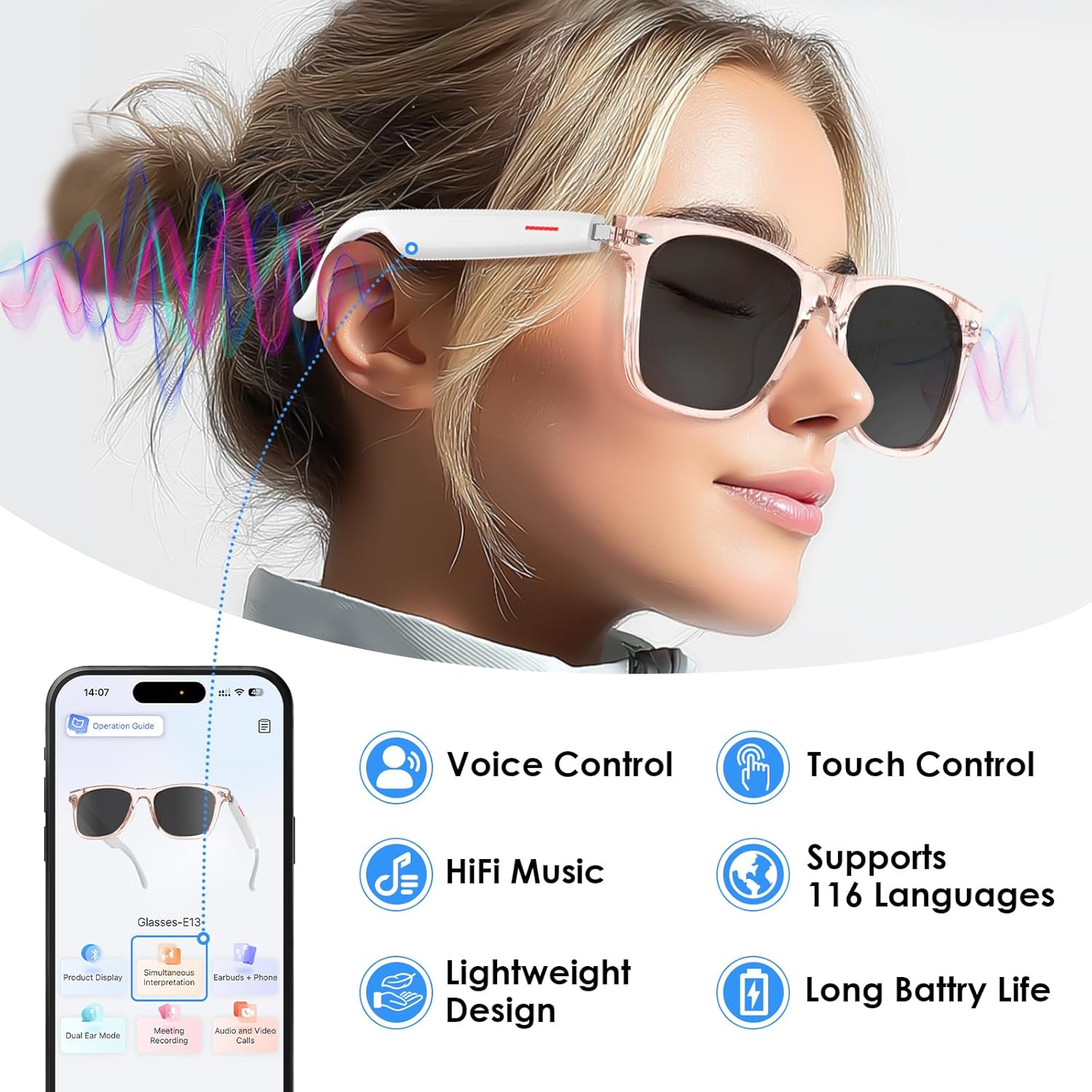 AI Smart Translation Sunglasses: UV400, Bluetooth, 110+ Languages, Voice Control - Ideal for Travel & Work V1107-SMART TRANSLATION SUNGLASSES