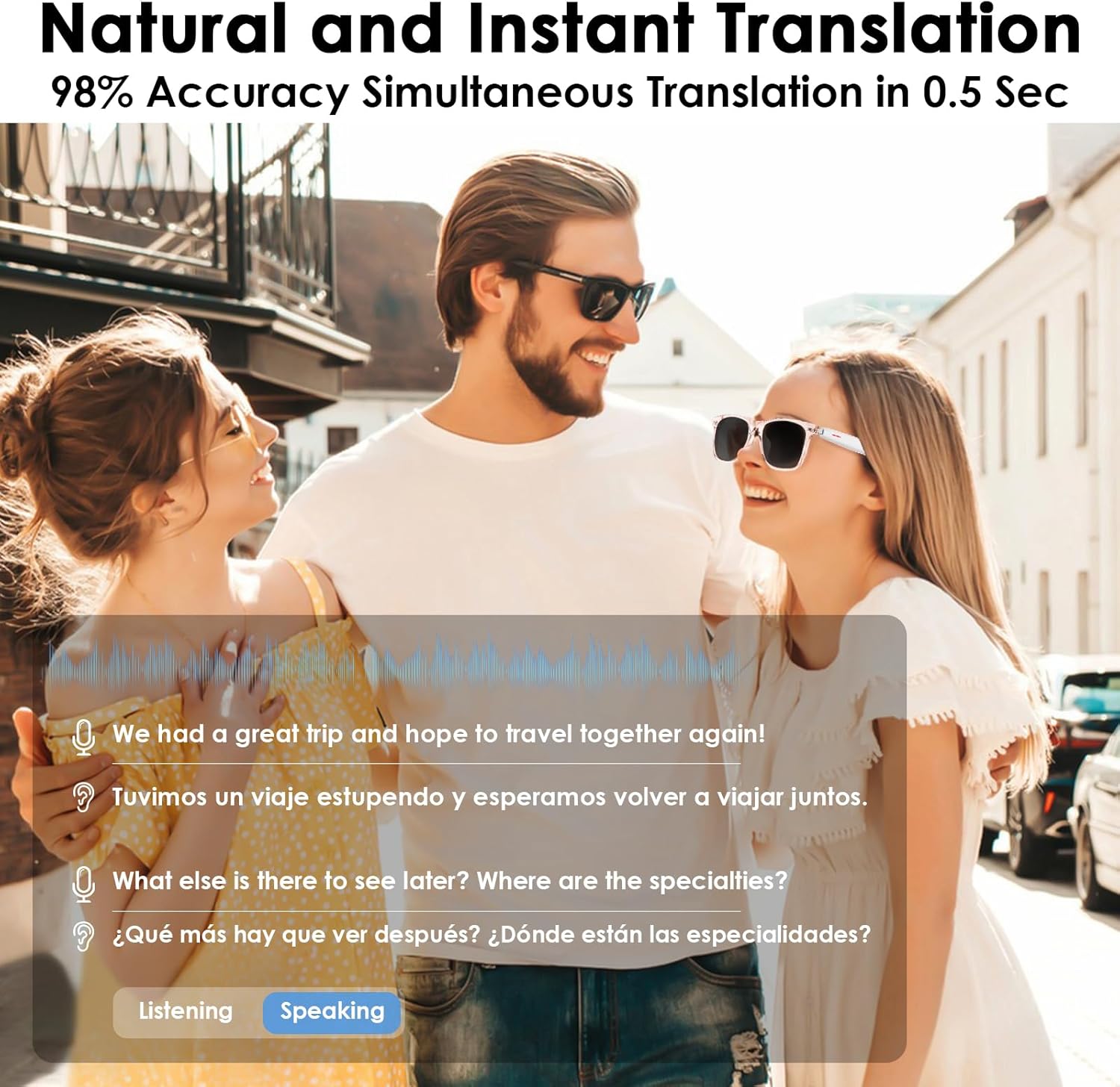 AI Smart Translation Sunglasses: UV400, Bluetooth, 110+ Languages, Voice Control - Ideal for Travel & Work V1107-SMART TRANSLATION SUNGLASSES