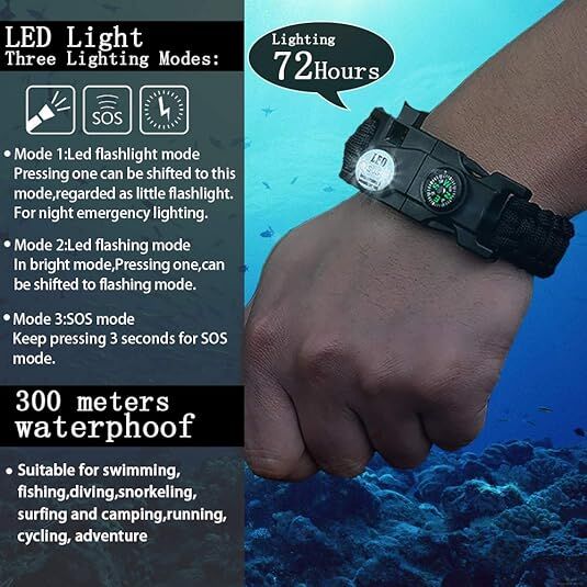 21 in 1 Survival Bracelet, Paracord Emergency Outdoor Sports Wristband Kit Waterproof Compass, SOS LED Light, V1107-SURVIVAL PARACORD BRACELET
