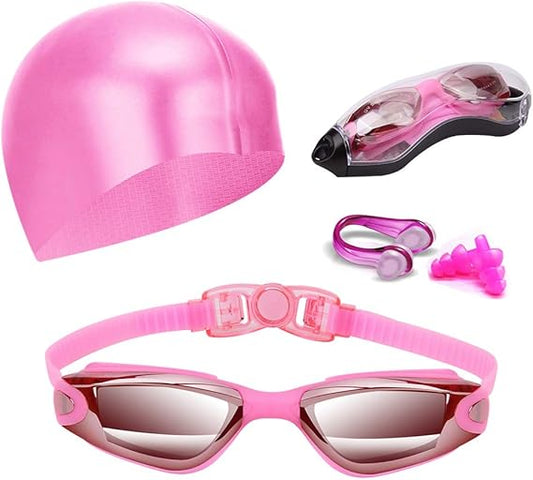 Pink Swim Goggles Set with Cap, Nose Clip, Earplugs & Case: Anti-Fog UV Protection for Men & Women V1107-SWIM GOGGLES SET