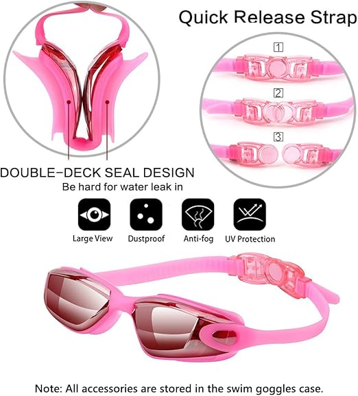 Pink Swim Goggles Set with Cap, Nose Clip, Earplugs & Case: Anti-Fog UV Protection for Men & Women V1107-SWIM GOGGLES SET