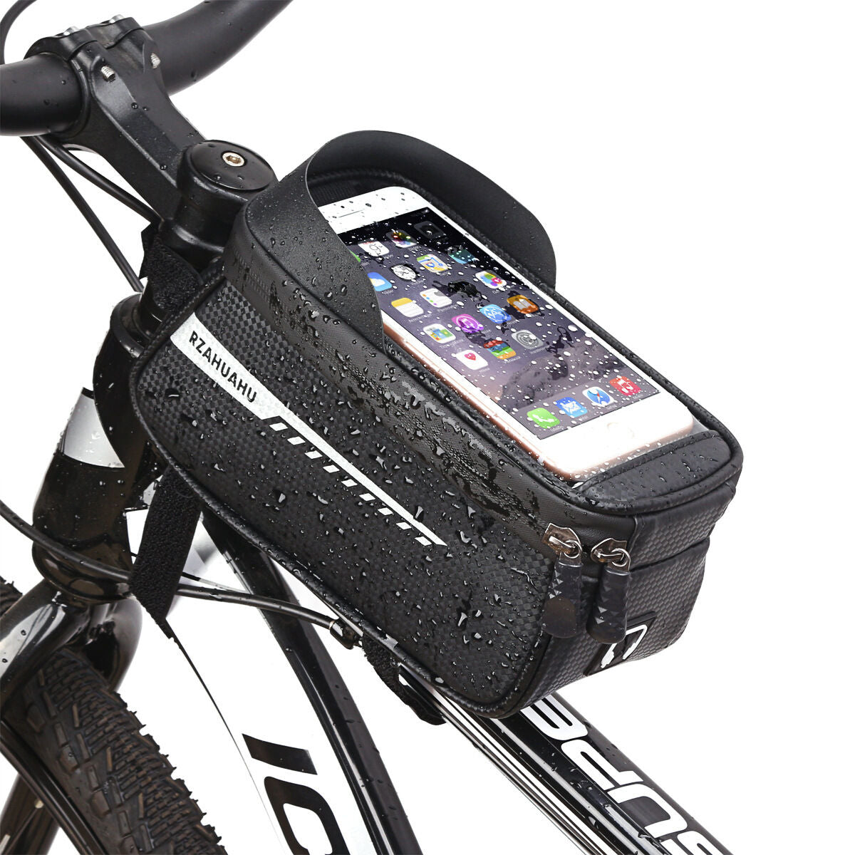 Black Waterproof Bike Frame Bag with Touchscreen & Reflective Details: 6.5" Phone Compatibility, Aussie V1107-WATERPROOF BIKE FRAME BAG2