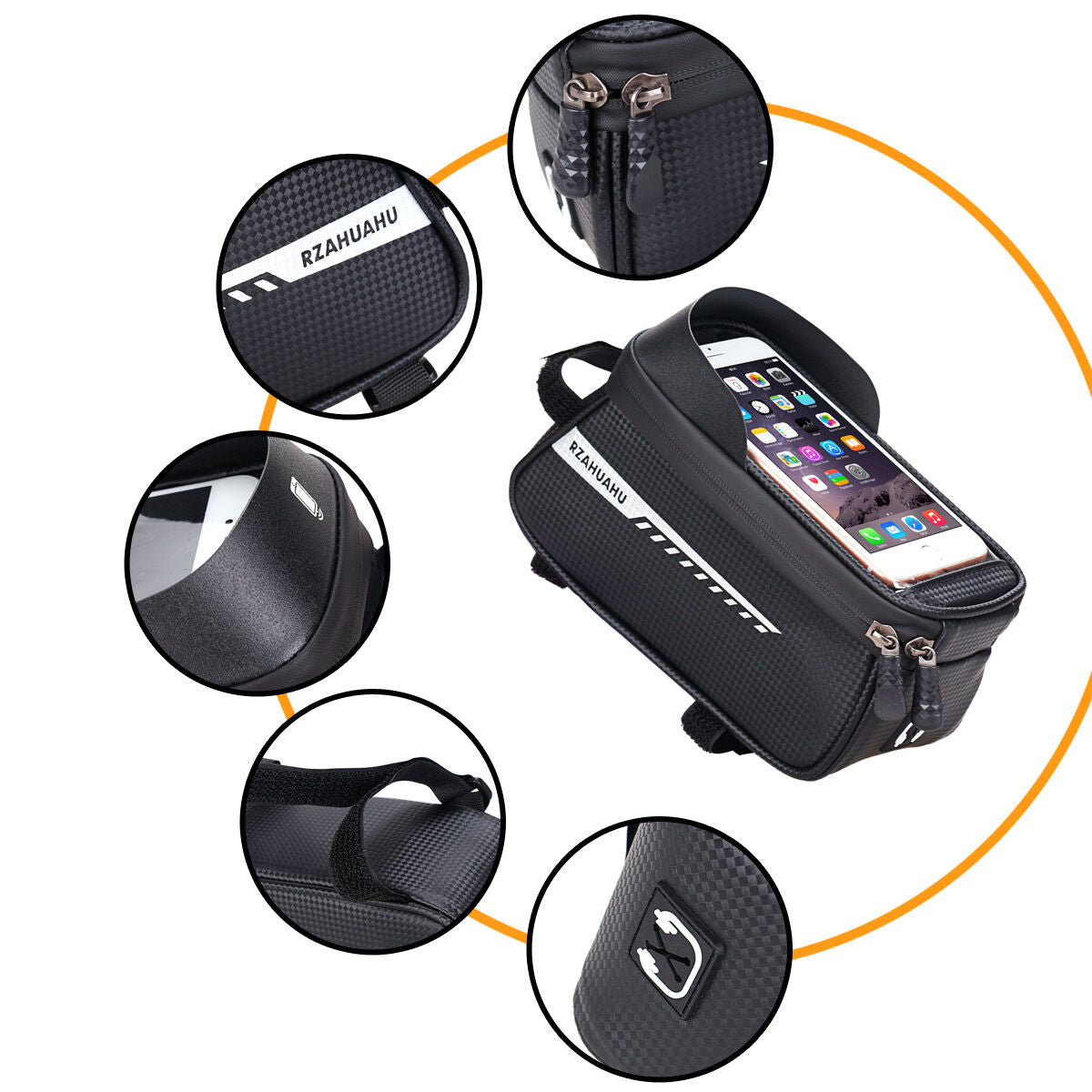 Black Waterproof Bike Frame Bag with Touchscreen & Reflective Details: 6.5" Phone Compatibility, Aussie V1107-WATERPROOF BIKE FRAME BAG2