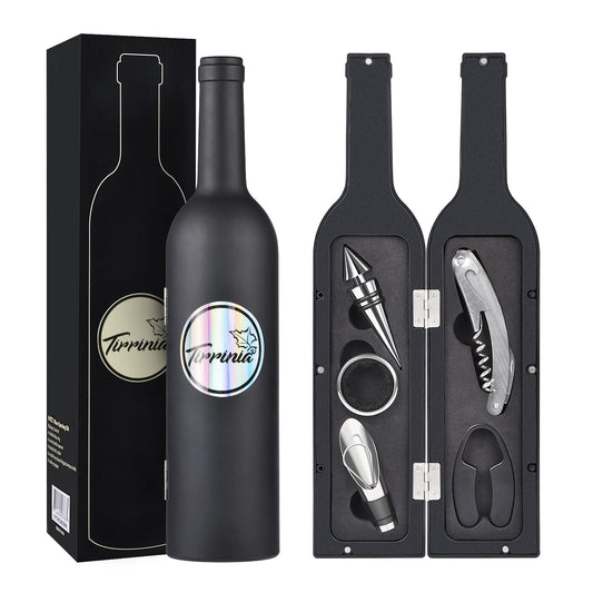 Wine Accessories Gift Set (Black), 5-Piece Bottle Corkscrew Opener Kit with Novelty Bottle-Shaped Case, V1107-WINE ACCESSORIES GIFT SET