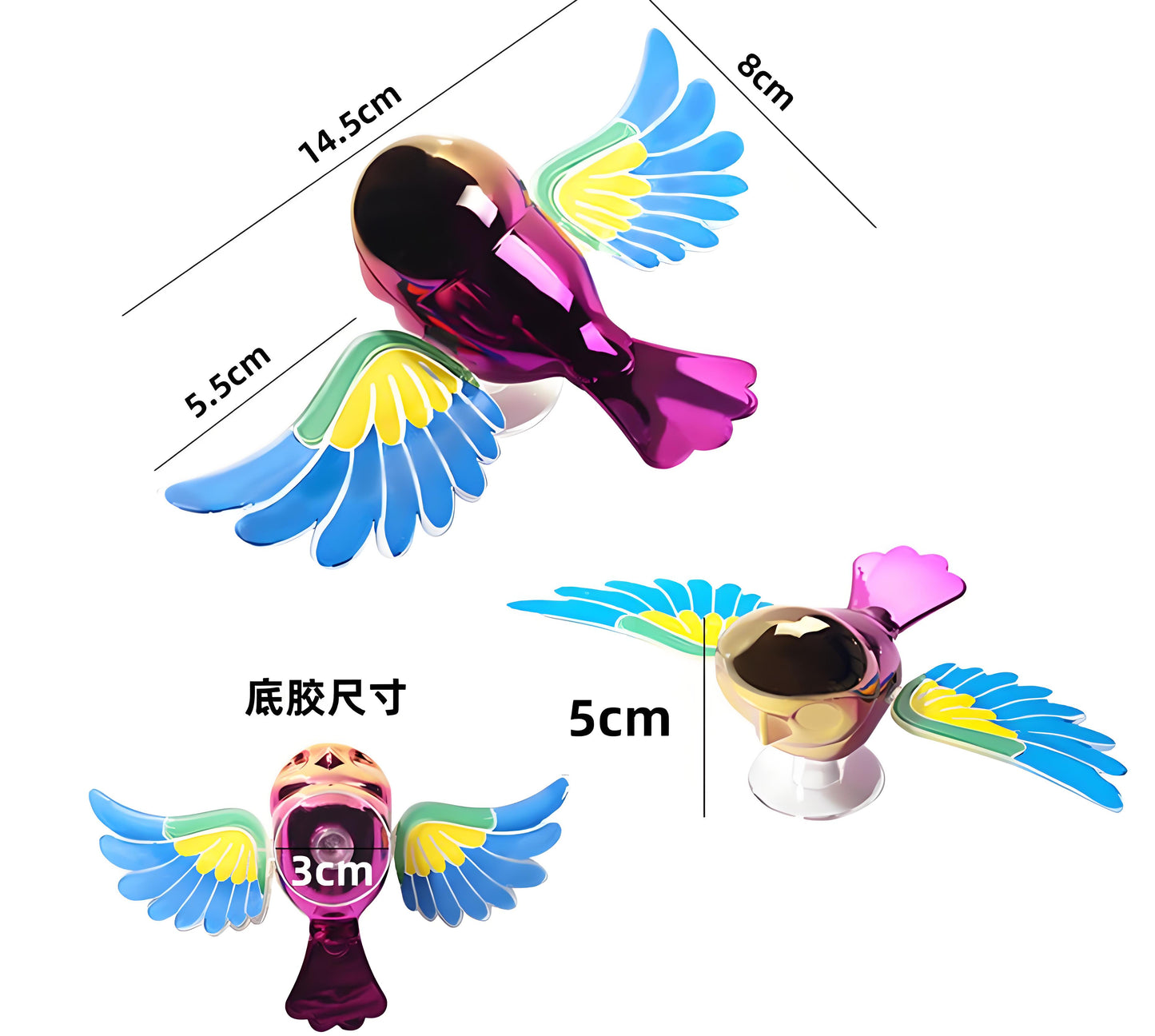 30km/h Wing-Flapping Car Bird Decoration (2-Pack): Red & Blue Wing Ornaments with Strong Adhesive for Car, V1107-WING-FLAPPING CAR BIRD DECORATION